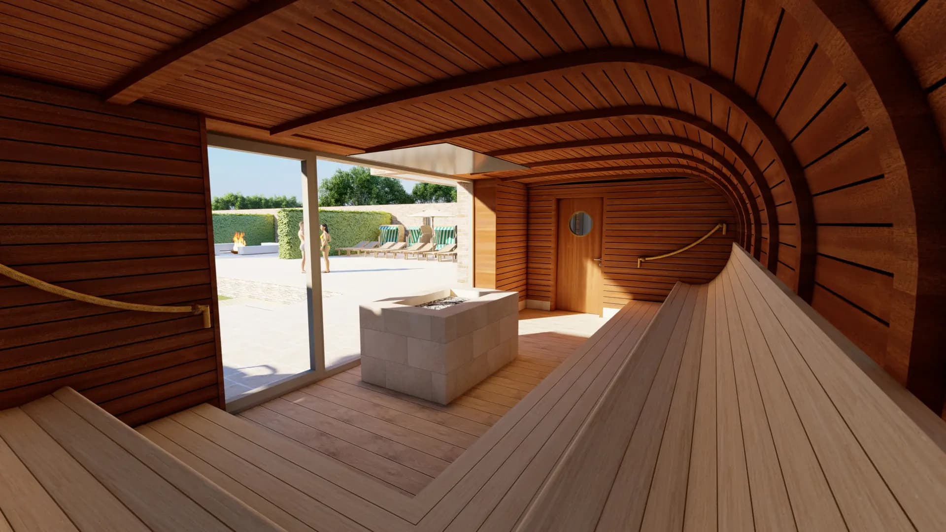 Innenansicht einer modernen Sauna mit Holzbanken, einem steinernen Mittelpunkt und großen Glastüren, die zu einem Außenbereich führen. Die Sauna verfügt über eine gewölbte Holzdecke und Wände.