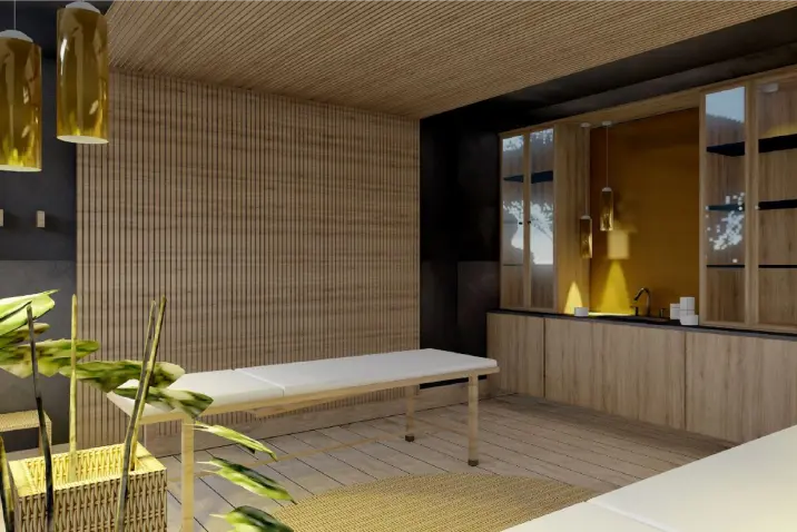 Ein moderner Wellnessraum mit einem Massagetisch in der Mitte, umgeben von Topfpflanzen. Die Wände sind mit Bambusverkleidungen geschmückt, und ein schlanker Holzschrank vervollständigt das Design.